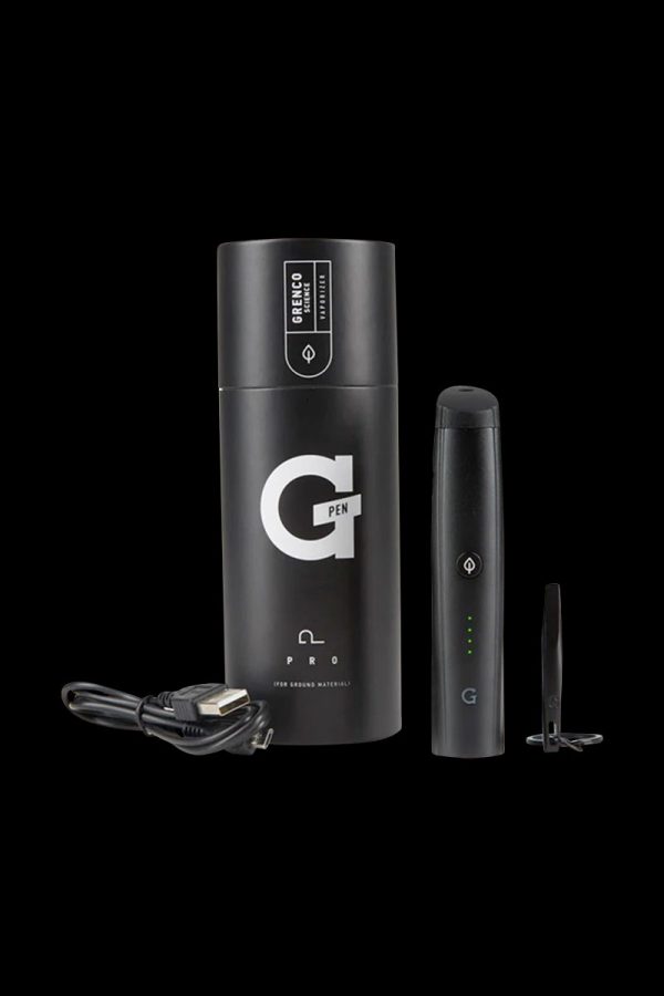 Front view of the Grenco Science Pro Vaporizer, a sleek, silver pen-style device against a dark background.