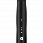 Front view of the Pro Vaporizer, a sleek, black device with a minimalist design and a smooth, cylindrical shape.