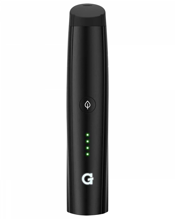 Front view of the Pro Vaporizer, a sleek, black device with a minimalist design and a smooth, cylindrical shape.