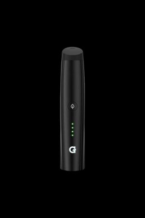 Front view of the Pro Vaporizer, a sleek, black device with a minimalist design and a subtle illuminated power button.
