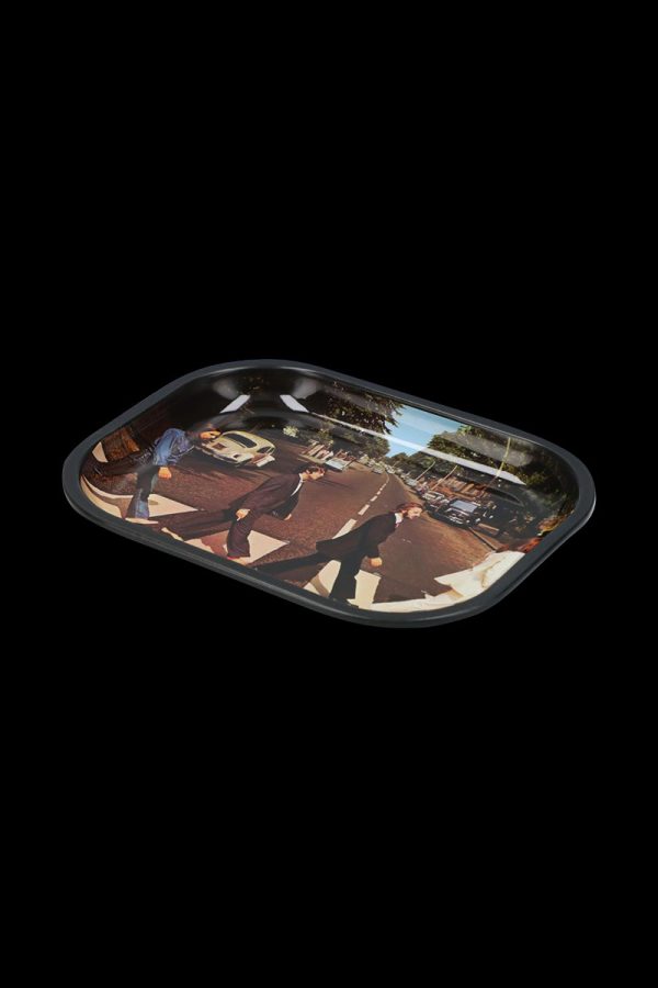 A top-down view of the Famous Brandz Fab4 Abbey Road Rolling Tray depicting a street crossing scene.