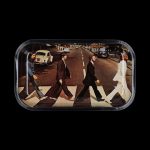 A top-down view of the Famous Brandz Fab4 Abbey Road Rolling Tray, mimicking the iconic album cover with figures crossing a street.