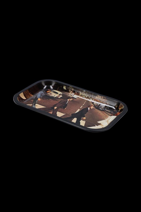 Overhead view of the Famous Brandz Fab4 Abbey Road Rolling Tray, displaying a graphic of the iconic album cover.