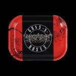 Black rolling tray featuring a white Guns N' Roses logo with floral accents, set against a red, textured background.