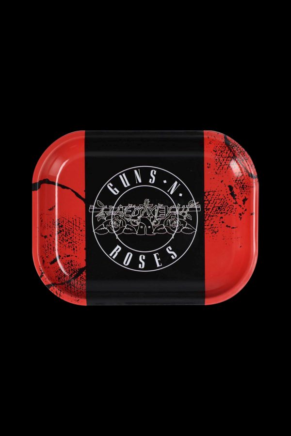 Black rolling tray featuring a white Guns N' Roses logo with floral accents, set against a red, textured background.