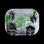 A rectangular metal rolling tray featuring stylized skull illustrations of the band Guns N' Roses with green lettering reading “Guns N’ Roses Was Here.”