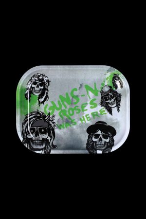 A rectangular metal rolling tray featuring stylized skull illustrations of the band Guns N' Roses with green lettering reading “Guns N’ Roses Was Here.”