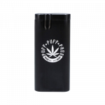 A straight-on view of the Aluminum Dugout - Large, a sleek silver cylinder with a subtle, embossed design on its side.