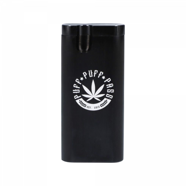 A straight-on view of the Aluminum Dugout - Large, a sleek silver cylinder with a subtle, embossed design on its side.