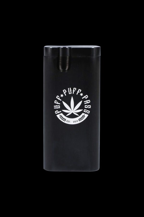 Front view of the Aluminum Dugout - Large, a sleek, silver-toned metal container with a minimalist design and subtle branding.