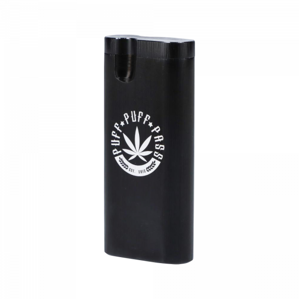 A sleek, angled view of the Aluminum Dugout - Large, featuring a dark metallic finish and minimalist design.