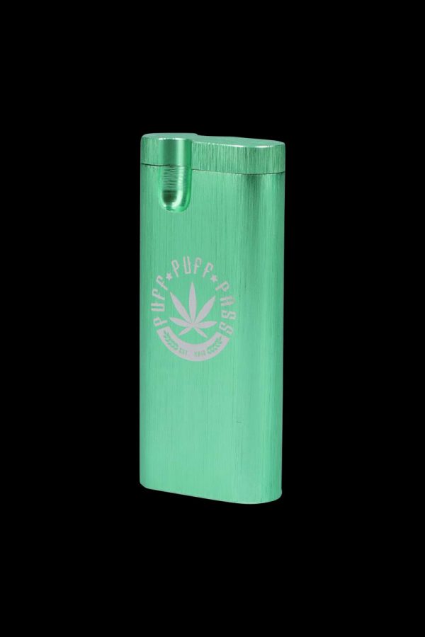 Front view of the Aluminum Dugout - Large, a sleek, silver-toned metal case, positioned against a plain black background.