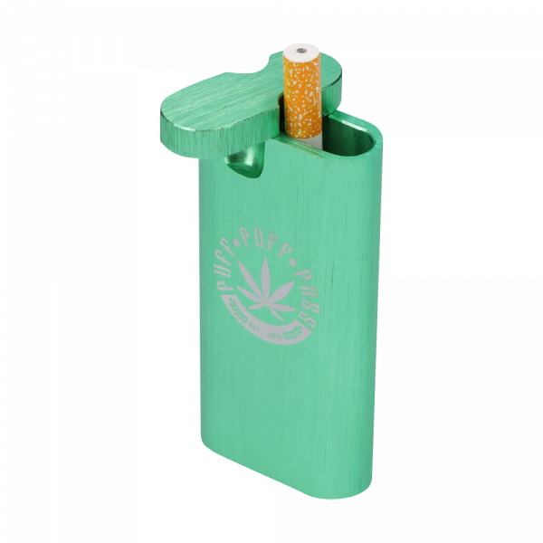 A close-up, angled view of the Aluminum Dugout - Large, displaying a partially smoked joint inserted into its open slot.