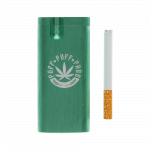 A close-up of the Aluminum Dugout - Large, showing a partially smoked joint protruding from its silver metallic casing.