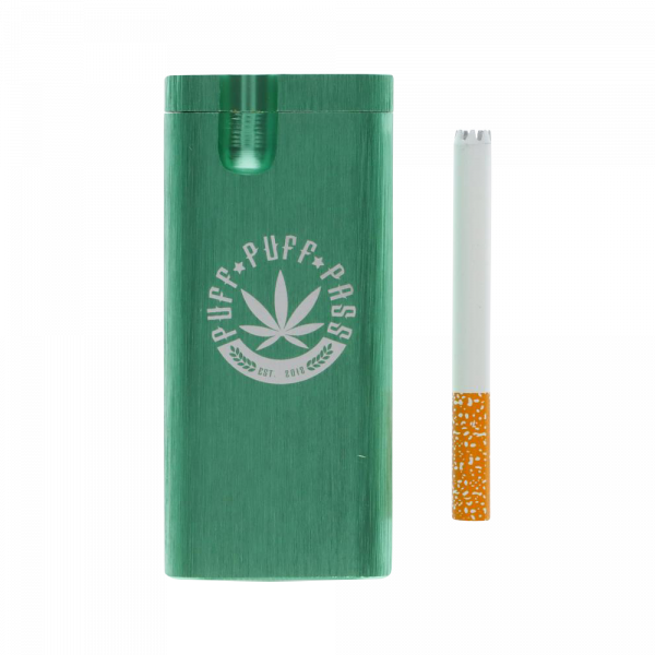 A close-up of the Aluminum Dugout - Large, showing a partially smoked joint protruding from its silver metallic casing.