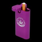 A close-up view of the Aluminum Dugout - Large, showcasing a partially smoked joint extending from its metallic casing.