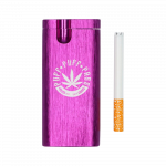 A side view of the Aluminum Dugout - Large, showcasing its metallic purple finish and a partially smoked cigarette inserted into the top.