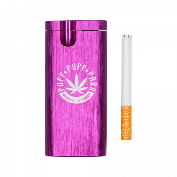 A side view of the Aluminum Dugout - Large, showcasing its metallic purple finish and a partially smoked cigarette inserted into the top.
