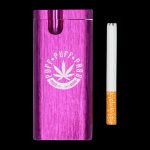 A close-up shot of the Aluminum Dugout - Large, displaying a joint within its sleek, silver casing against a dark backdrop.