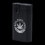 Front view of the Aluminum Dugout, a silver, rectangular case with a small opening on top, against a dark background.