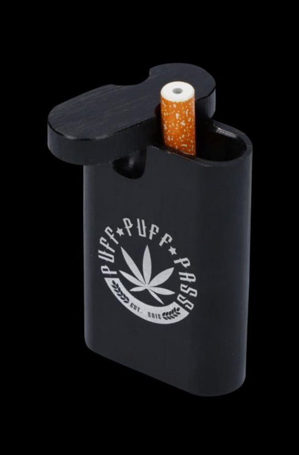 An Aluminum Dugout is shown in a close-up, angled shot, displaying a filled chamber and a cigarette resting on top.