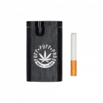 A close-up shot of the Aluminum Dugout, showing a one-piece metal container with a visible cigarette resting inside.