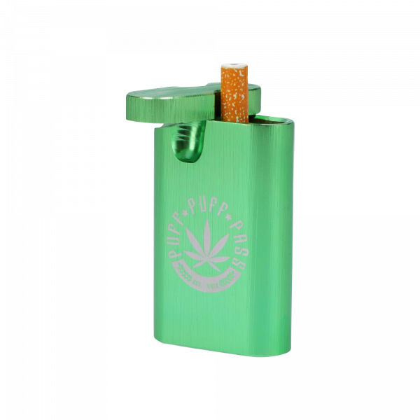 The Aluminum Dugout is displayed at a slight angle with a partially smoked joint visible inside its open compartment.