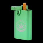 A close-up shot of the Aluminum Dugout, showing a joint resting inside its open, metallic casing.