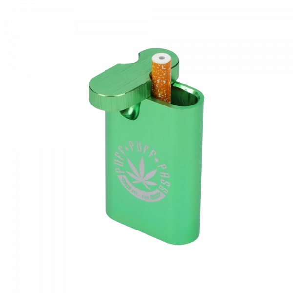 The Aluminum Dugout is shown in a close-up, angled view with a joint inserted in its open compartment.