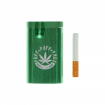 A close-up of the Aluminum Dugout, showing a partially smoked joint extending from its green metallic casing.