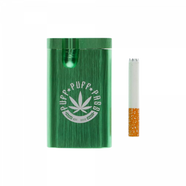 A close-up of the Aluminum Dugout, showing a partially smoked joint extending from its green metallic casing.