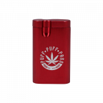 Front view of the Aluminum Dugout, a sleek, red metal container with a simple, minimalist design.