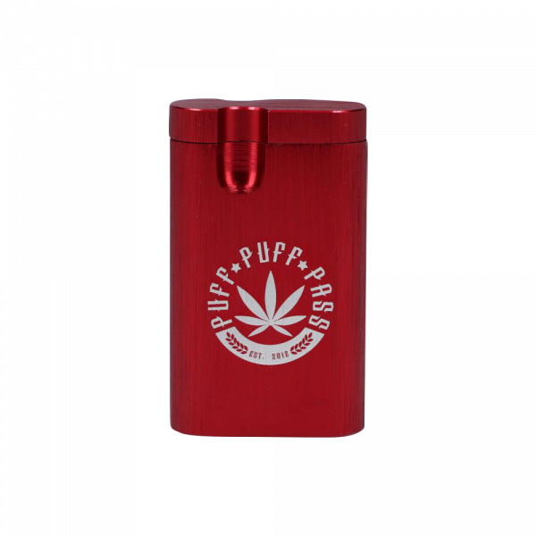 Front view of the Aluminum Dugout, a sleek, red metal container with a simple, minimalist design.