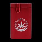 A close-up, angled view of the Aluminum Dugout, showcasing its metallic red finish and cylindrical shape.