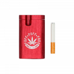 A close-up, angled view of the Aluminum Dugout, showcasing its metallic finish and open compartment with a visible roll.