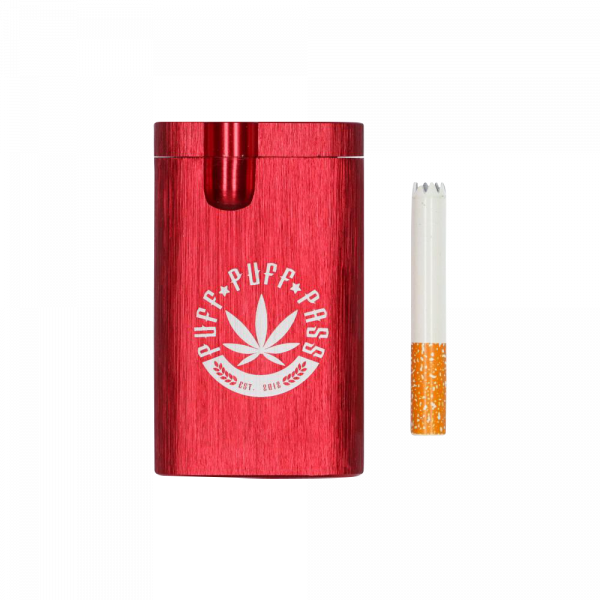 A close-up, angled view of the Aluminum Dugout, showcasing its metallic finish and open compartment with a visible roll.