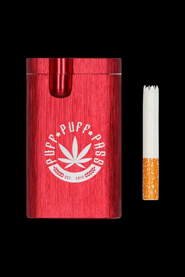 Front view of the Aluminum Dugout, a sleek, silver metal case with a slightly angled perspective and a dark background.