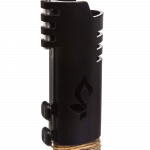 A detailed side view of the Hemplights Wrapper Lighter Case, showcasing its textured black exterior and coiled wrap detail.