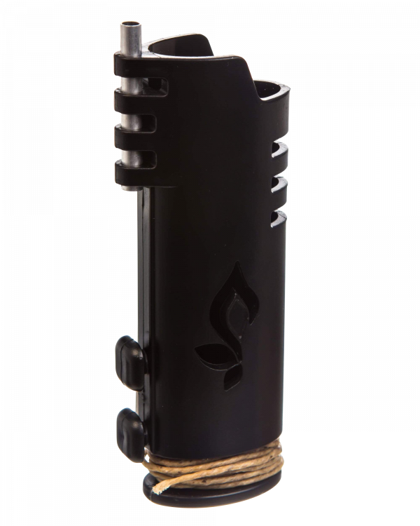 A detailed side view of the Hemplights Wrapper Lighter Case, showcasing its textured black exterior and coiled wrap detail.
