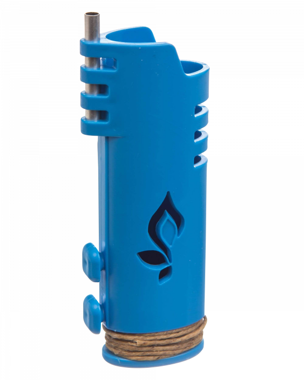 A close-up, angled view of the Hemplights Wrapper Lighter Case, a blue protective shell with textured grips.