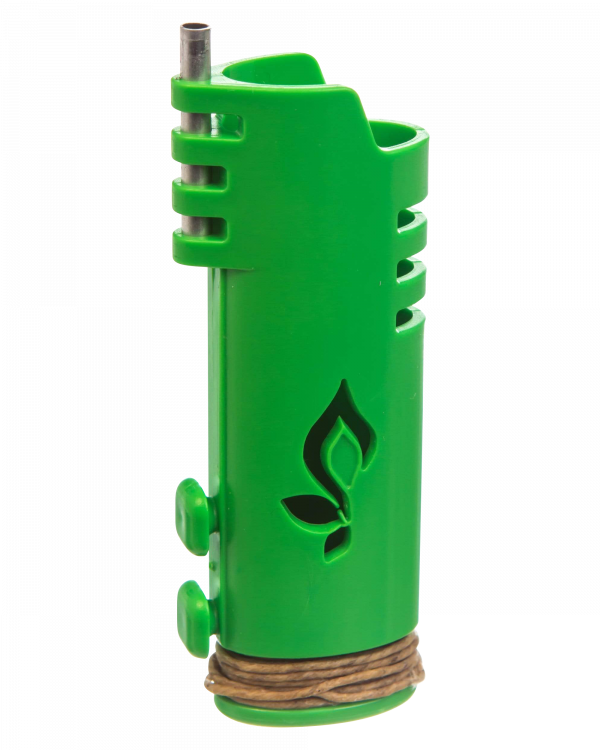 A front view of the Hemplights Wrapper Lighter Case, a green plastic shell with ribbed detailing and a clear opening.