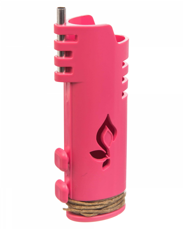 A side view of the Hemplights Wrapper Lighter Case in vibrant pink, showing its textured grip and protective shell.