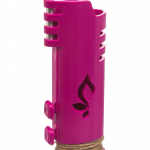 A close-up, angled view of the Hemplights Wrapper Lighter Case, showing its pink, textured exterior and rounded button details.