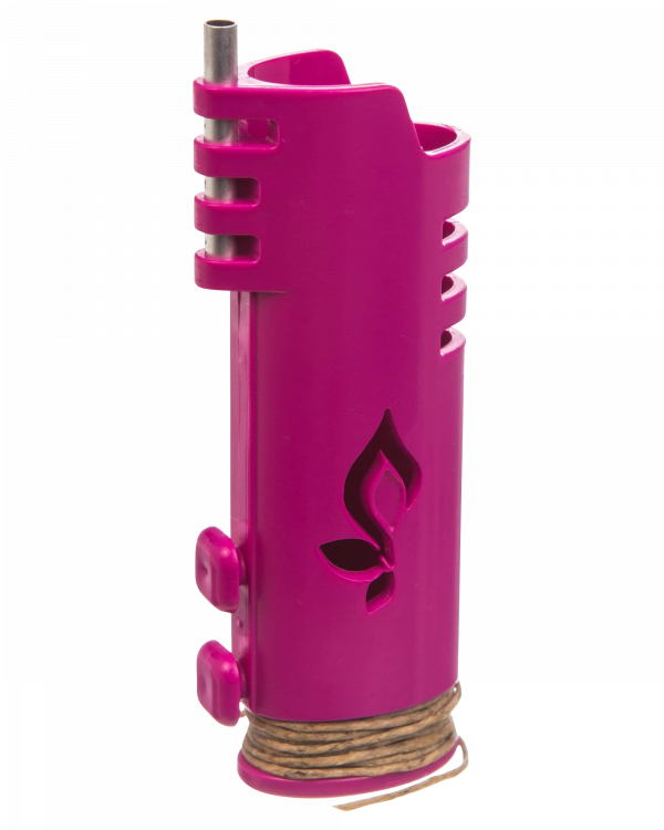 A close-up, angled view of the Hemplights Wrapper Lighter Case, showing its pink, textured exterior and rounded button details.