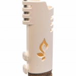 A slightly angled view of the Hemplights Wrapper Lighter Case, a white silicone wrap protecting a metal lighter.