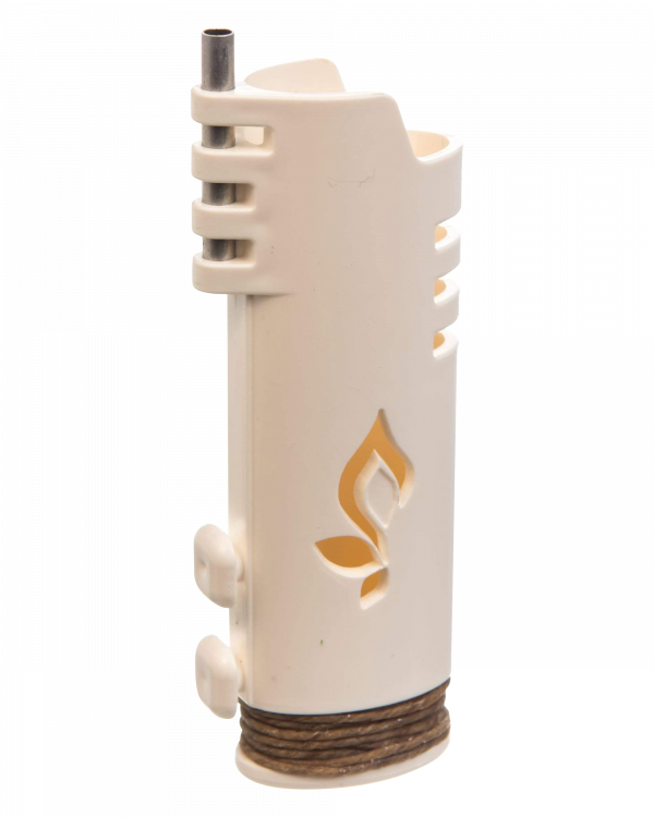 A slightly angled view of the Hemplights Wrapper Lighter Case, a white silicone wrap protecting a metal lighter.