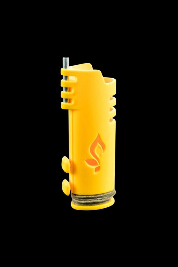 A side view of the Hemplights Wrapper Lighter Case, a yellow, textured sleeve designed to protect a lighter.