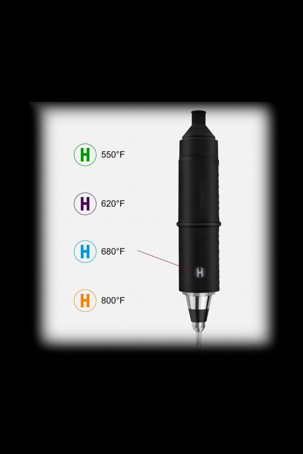 Black cannabis vaporizer pen with temperature settings labeled 550°F, 620°F, 680°F, and 800°F.