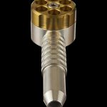Gold and silver cannabis oil burner pipe on a black background.