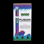 Ooze Fusion premium vaporizer packaging displaying the device and features like adjustable voltage and ceramic coils.